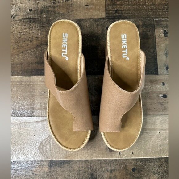 Siketu Womens Tan Faux Leather Cork Wedge Sandals Size 38 With Slip-On Design - Picture 3 of 7